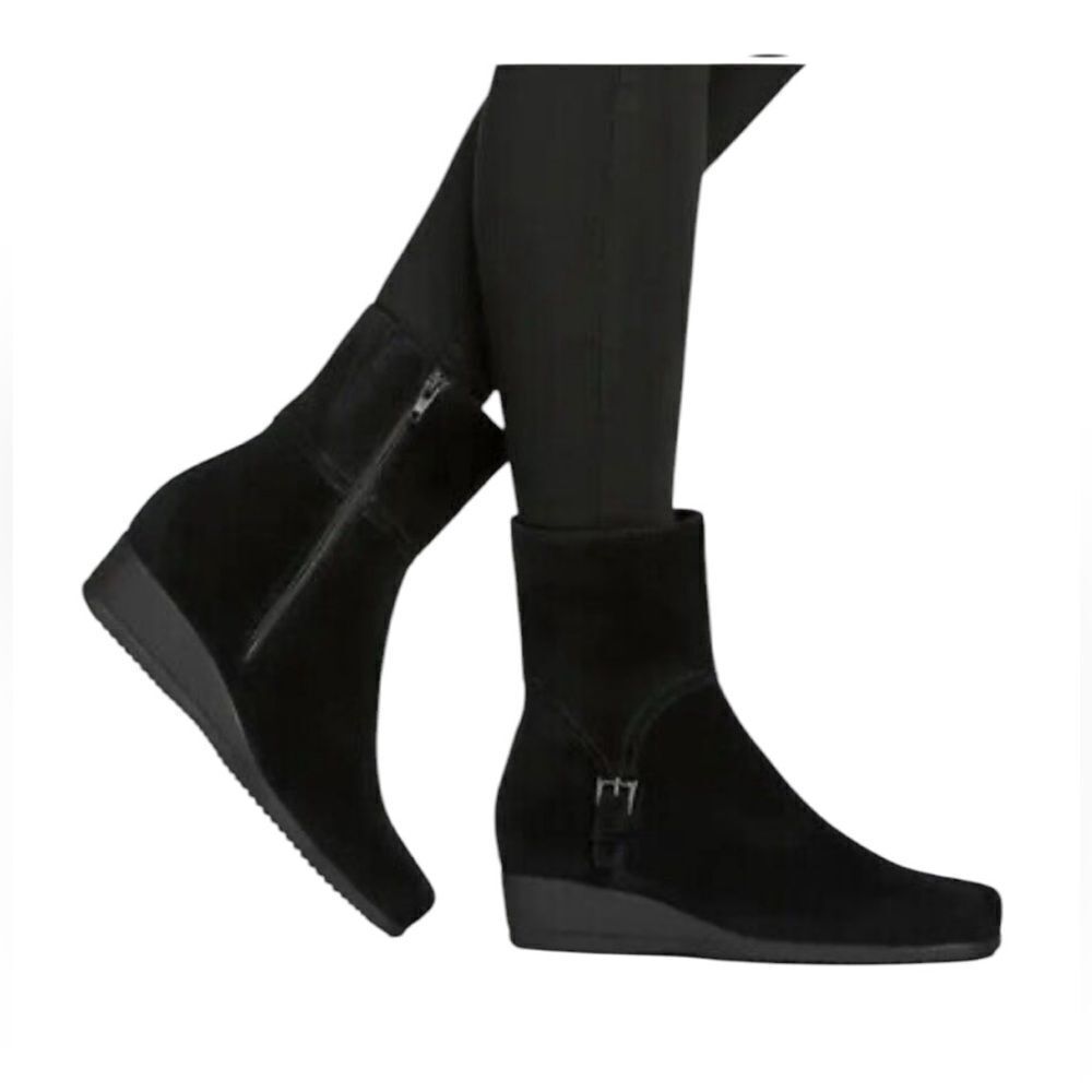 La Canadienne Sanford Suede Leather Buckle Zip Winter Ankle Boot Bootie Black 7